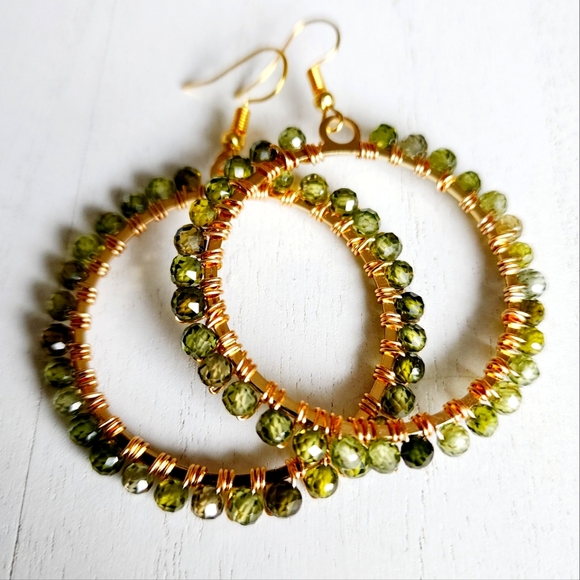 Hand-made Olive Green Semi-precious Zircon Hoop Earrings - Wire-wrapped - Picture 3 of 6